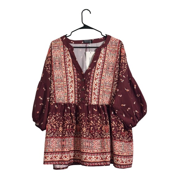 BloomChic Tops - BloomChic Burgundy Boho Floral Babydoll Tunic Top Puff Sleeve Plus SZ 18-20 NWT